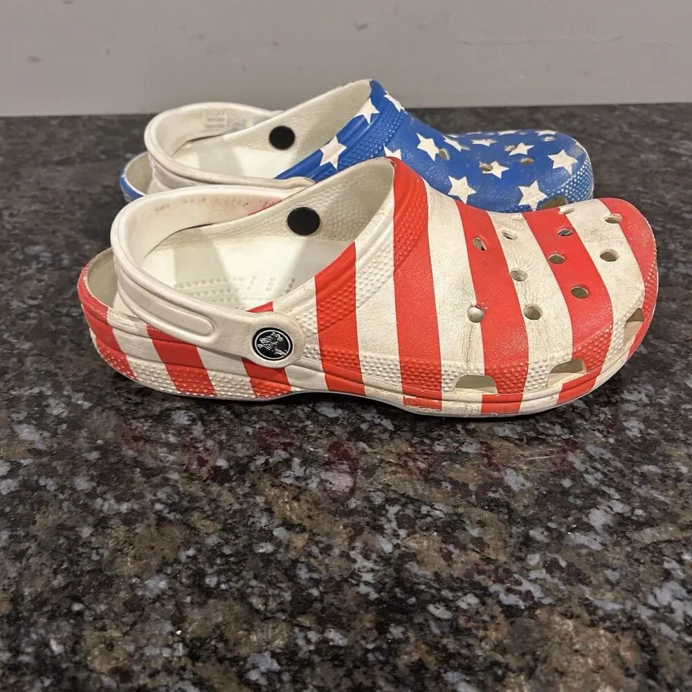 CROCS Red White Blue Stars Stripes American Flag USA Slip Shoe Womens 9 Mens 7